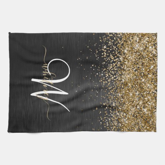 Custom Gold Glitzer Black Sparkgram Monogram Geschirrtuch (Horizontal)