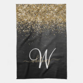 Custom Gold Glitzer Black Sparkgram Monogram Geschirrtuch (Vertikal)