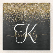Custom Gold Glitzer Black Sparkgram Monogram Glasuntersetzer (Vorderseite)