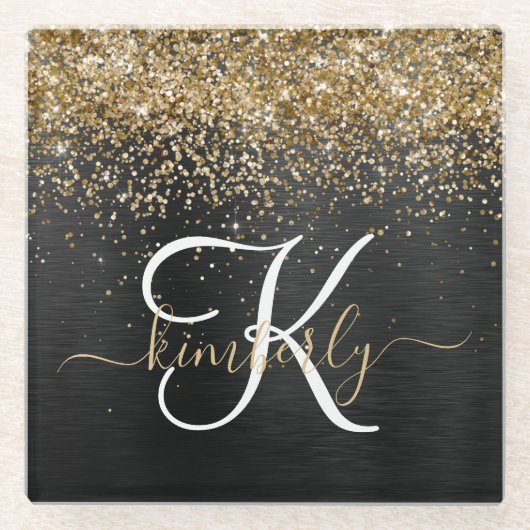 Custom Gold Glitzer Black Sparkgram Monogram Glasuntersetzer (Vorderseite)