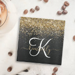 Custom Gold Glitzer Black Sparkgram Monogram Glasuntersetzer<br><div class="desc">Dieses trendige,  elegante Set-Design aus Glas mit hübschem goldglänzenden Glitzer auf schwarz gebürstetem metallischem Hintergrund ist einfach zu personalisieren.</div>