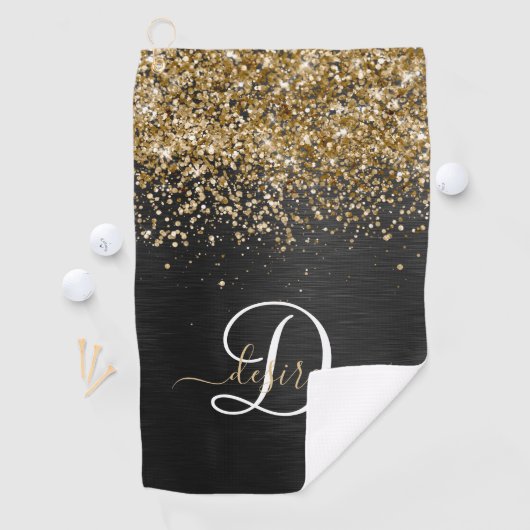 Custom Gold Glitzer Black Sparkgram Monogram Golfhandtuch (Insitu)