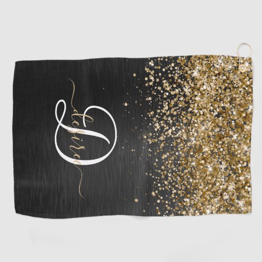 Custom Gold Glitzer Black Sparkgram Monogram Golfhandtuch (Horizontal)