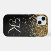 Custom Gold Glitzer Black Sparkgram Monogram iPhone 15 Hülle (Rückseite (Horizontal))