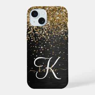 Custom Gold Glitzer Black Sparkgram Monogram iPhone 15 Hülle