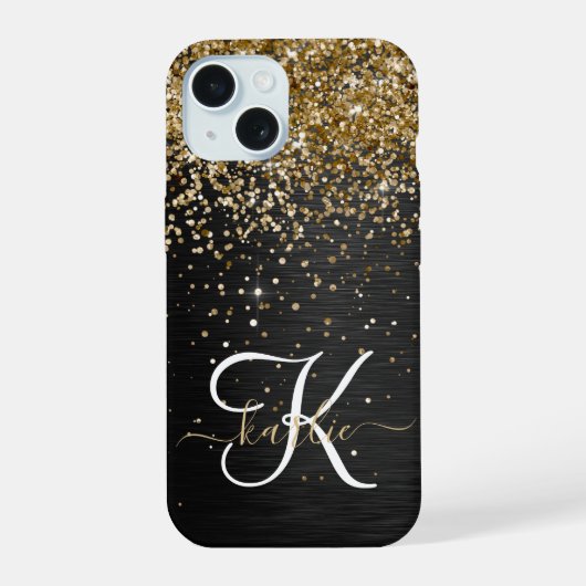 Custom Gold Glitzer Black Sparkgram Monogram iPhone 15 Hülle (Rückseite)