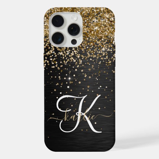 Custom Gold Glitzer Black Sparkgram Monogram iPhone Hülle (Rückseite)