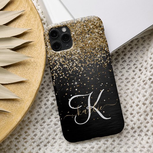 Custom Gold Glitzer Black Sparkgram Monogram iPhone Hülle