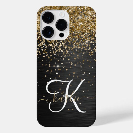 Custom Gold Glitzer Black Sparkgram Monogram iPhone Hülle (Rückseite)