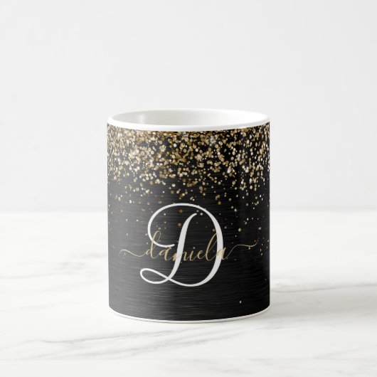 Custom Gold Glitzer Black Sparkgram Monogram Kaffeetasse (Mittel)