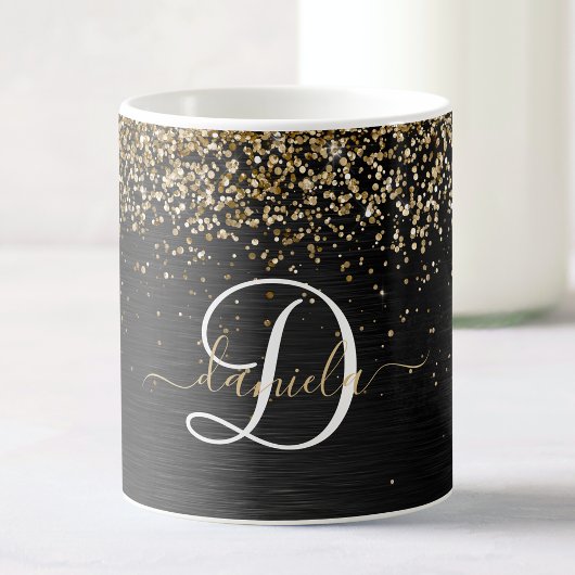 Custom Gold Glitzer Black Sparkgram Monogram Kaffeetasse