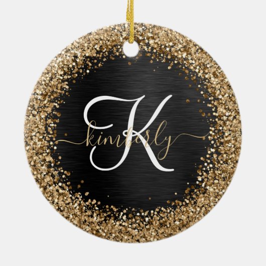 Custom Gold Glitzer Black Sparkgram Monogram Keramik Ornament (Hinten)