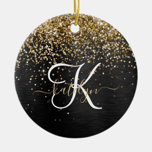 Custom Gold Glitzer Black Sparkgram Monogram Keramik Ornament (Vorne)