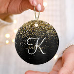 Custom Gold Glitzer Black Sparkgram Monogram Keramik Ornament<br><div class="desc">Dieses angesagte und elegante Ornament-Design mit hübschem goldglänzenden Glitzer auf schwarz gebürstetem metallischem Hintergrund ist einfach zu personalisieren.</div>
