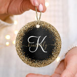 Custom Gold Glitzer Black Sparkgram Monogram Keramik Ornament<br><div class="desc">Dieses trendige und elegante Keramik-Ornament-Design mit hübschem goldglänzenden Glitzer auf schwarz gebürstetem metallischem Hintergrund ist einfach zu personalisieren.</div>