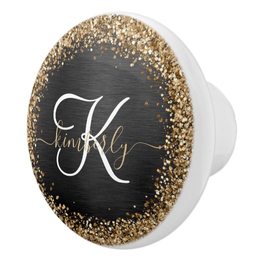 Custom Gold Glitzer Black Sparkgram Monogram Keramikknauf (Rechts)