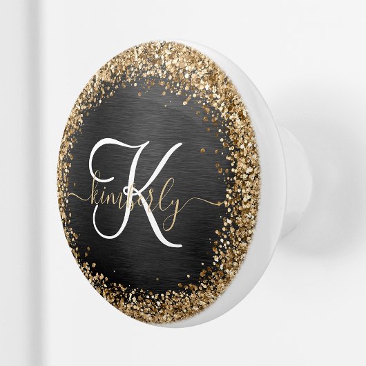 Custom Gold Glitzer Black Sparkgram Monogram Keramikknauf