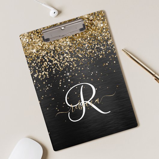 Custom Gold Glitzer Black Sparkgram Monogram Klemmbrett