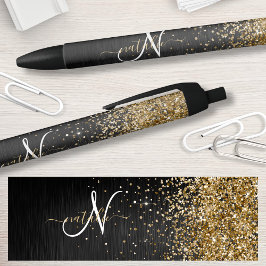 Custom Gold Glitzer Black Sparkgram Monogram Kugelschreiber