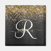 Custom Gold Glitzer Black Sparkgram Monogram Magnet (Vorne)