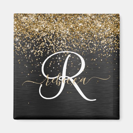 Custom Gold Glitzer Black Sparkgram Monogram Magnet (Vorne)