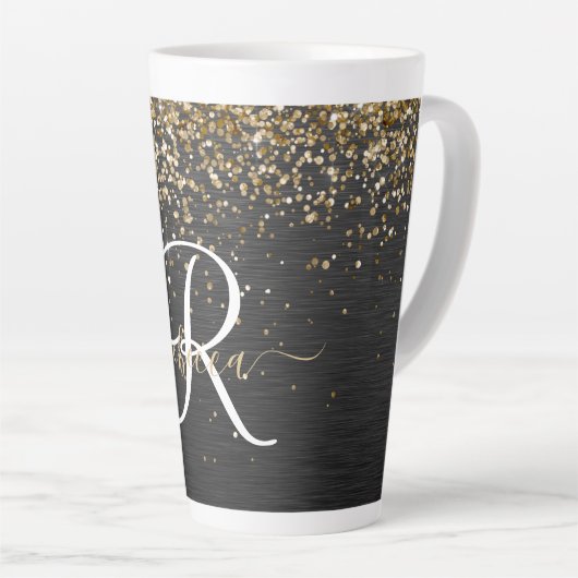 Custom Gold Glitzer Black Sparkgram Monogram Milchtasse (Rechte Ecke)