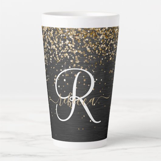 Custom Gold Glitzer Black Sparkgram Monogram Milchtasse (Vorderseite)