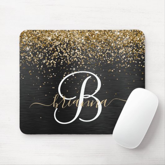 Custom Gold Glitzer Black Sparkgram Monogram Mousepad (Mit Mouse)
