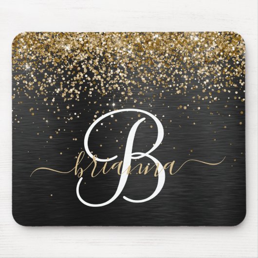 Custom Gold Glitzer Black Sparkgram Monogram Mousepad (Vorne)