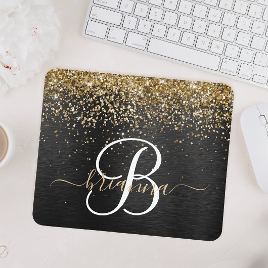 Custom Gold Glitzer Black Sparkgram Monogram Mousepad