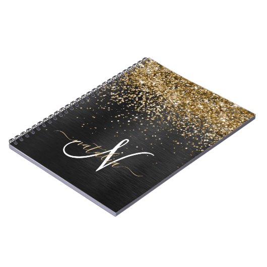 Custom Gold Glitzer Black Sparkgram Monogram Notizblock (Linke Seite)