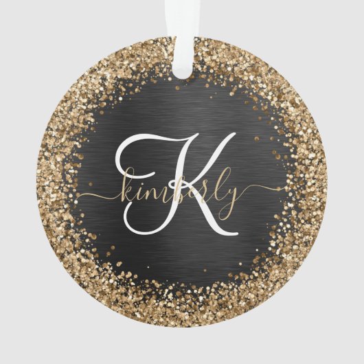 Custom Gold Glitzer Black Sparkgram Monogram Ornament (Rückseite)
