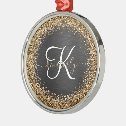 Custom Gold Glitzer Black Sparkgram Monogram Ornament Aus Metall (Links)