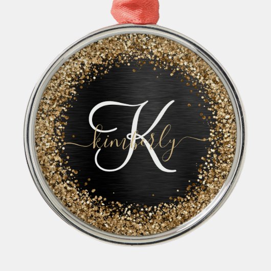 Custom Gold Glitzer Black Sparkgram Monogram Ornament Aus Metall (Vorne)