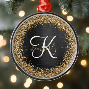 Custom Gold Glitzer Black Sparkgram Monogram Ornament Aus Metall