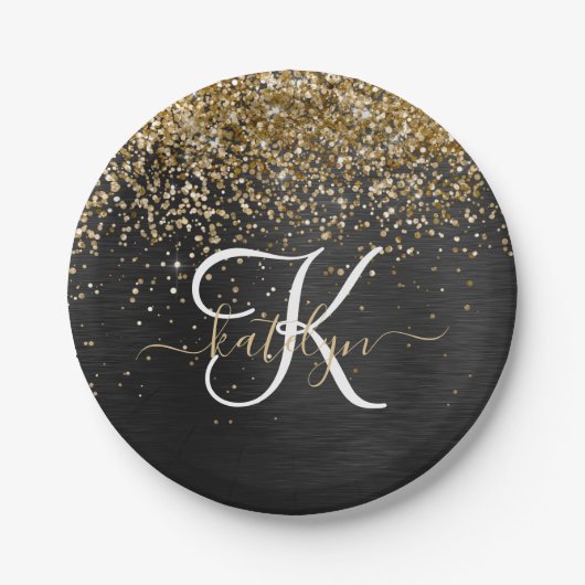 Custom Gold Glitzer Black Sparkgram Monogram Pappteller (Vorderseite)