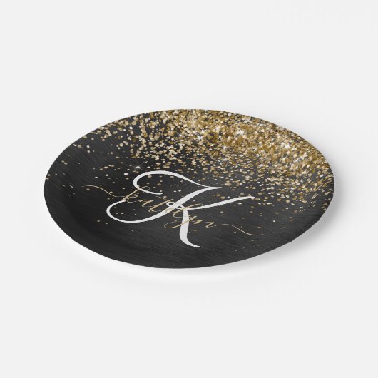 Custom Gold Glitzer Black Sparkgram Monogram Pappteller (Schrägansicht)