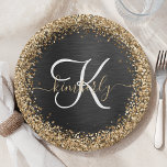 Custom Gold Glitzer Black Sparkgram Monogram Pappteller<br><div class="desc">Dieses trendige,  elegante Papierplattendesign mit hübschem vergoldeten Glitzer auf schwarz gebürstetem metallischem Hintergrund ist einfach zu personalisieren.</div>