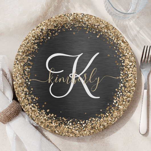 Custom Gold Glitzer Black Sparkgram Monogram Pappteller