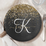 Custom Gold Glitzer Black Sparkgram Monogram Pappteller<br><div class="desc">Dieses trendige,  elegante Papierplattendesign mit hübschem vergoldeten Glitzer auf schwarz gebürstetem metallischem Hintergrund ist einfach zu personalisieren.</div>