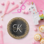 Custom Gold Glitzer Black Sparkgram Monogram Pappteller (Party)