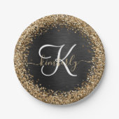 Custom Gold Glitzer Black Sparkgram Monogram Pappteller (Vorderseite)