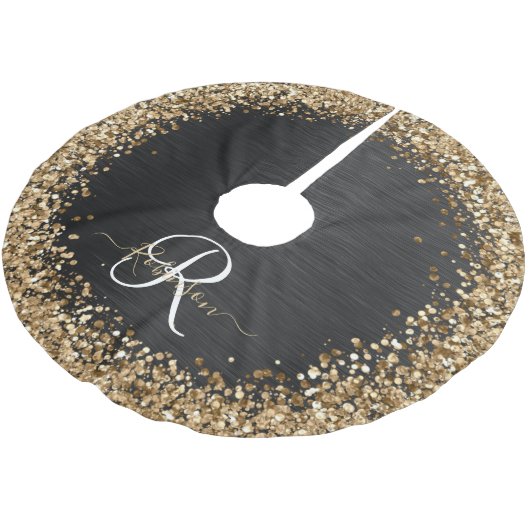 Custom Gold Glitzer Black Sparkgram Monogram Polyester Weihnachtsbaumdecke (Schrägansicht)