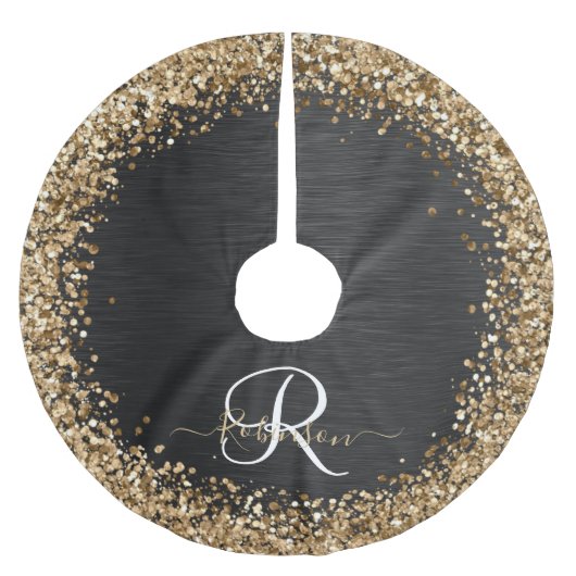 Custom Gold Glitzer Black Sparkgram Monogram Polyester Weihnachtsbaumdecke (Vorderseite)
