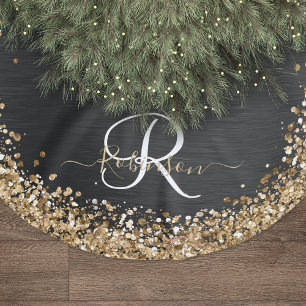 Custom Gold Glitzer Black Sparkgram Monogram Polyester Weihnachtsbaumdecke