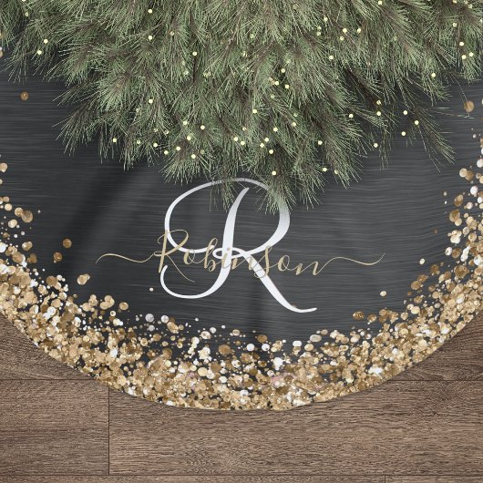 Custom Gold Glitzer Black Sparkgram Monogram Polyester Weihnachtsbaumdecke