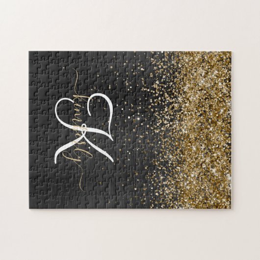 Custom Gold Glitzer Black Sparkgram Monogram Puzzle (Horizontal)