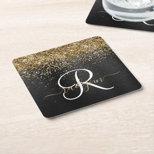 Custom Gold Glitzer Black Sparkgram Monogram Rechteckiger Pappuntersetzer (angewinkelt)