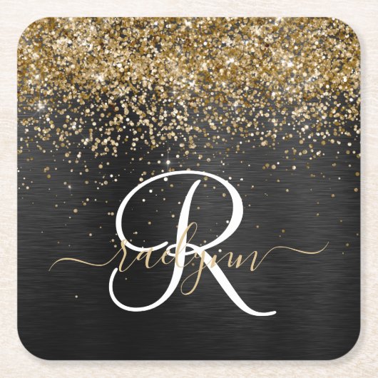 Custom Gold Glitzer Black Sparkgram Monogram Rechteckiger Pappuntersetzer (Vorderseite)