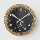 Custom Gold Glitzer Black Sparkgram Monogram Runde Wanduhr (Vorderseite)